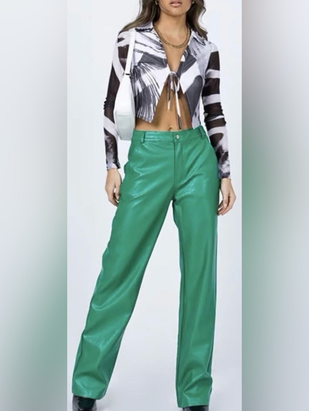 PRINCESS POLLY Ashlea Kelly Green Faux Leather Wide Leg Pants Trousers Size 8